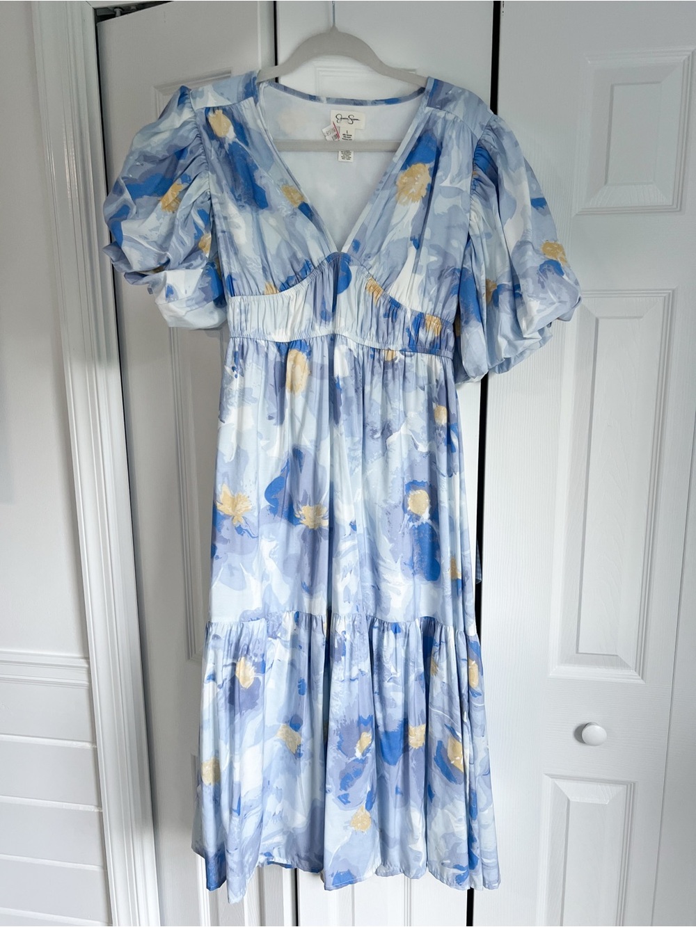 Jessica Simpson Blue and Yellow Floral Puff-Sleeve Maxi Dress